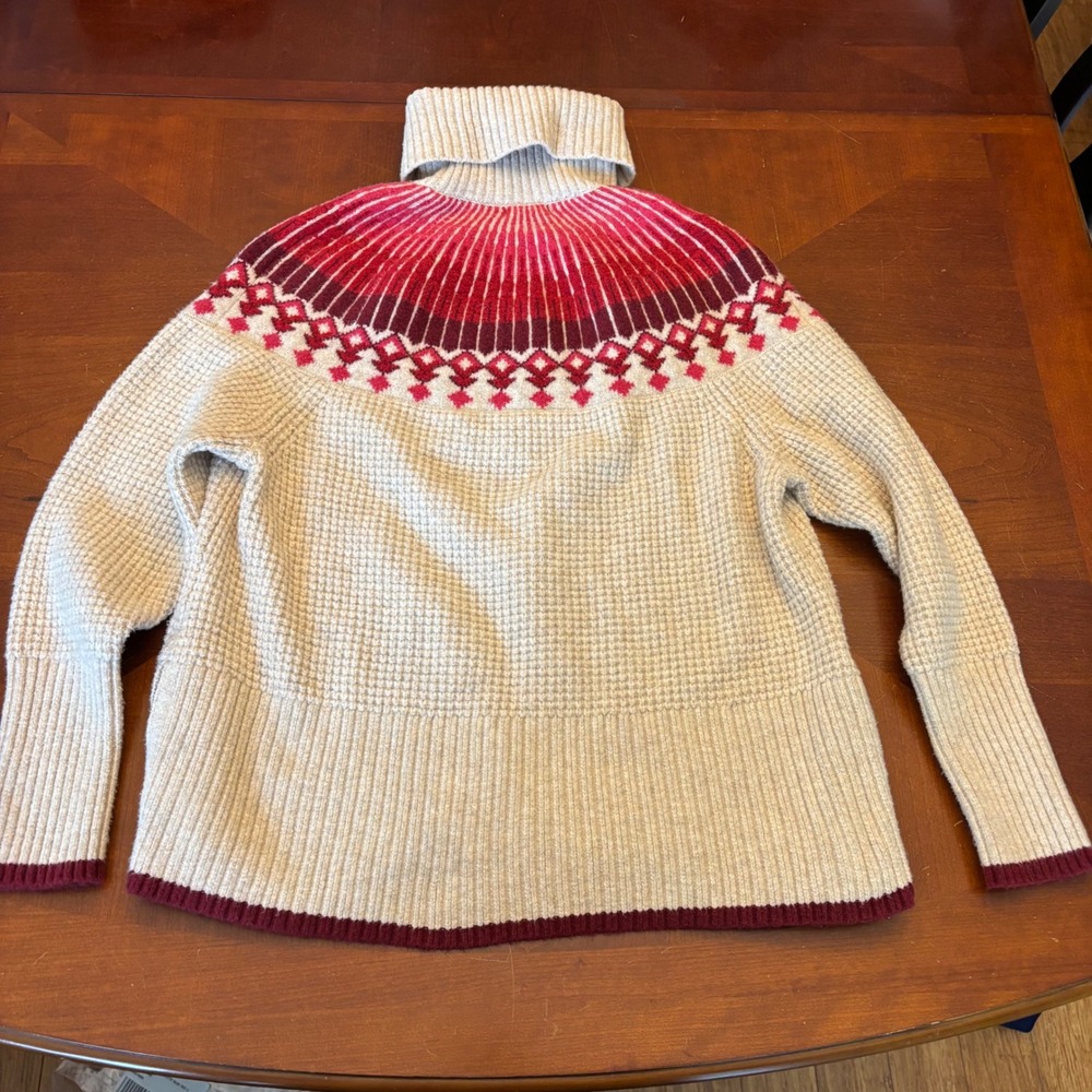 LL‎ Bean Womens Large Petite Fair Isle Turtleneck Sweater Waffle Knit Red Cream - Picture 11 of 13